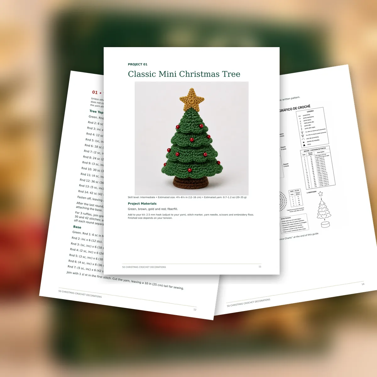 Open pages of the guide: a project page with the classic mini Christmas tree, a written pattern page and a reference chart page