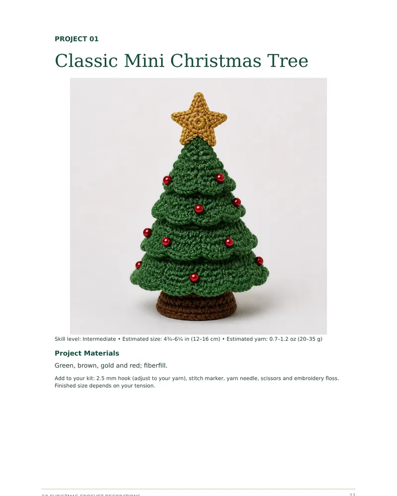 Project page of the guide with the reference photo of the mini Christmas tree, skill level, size, yarn and project materials